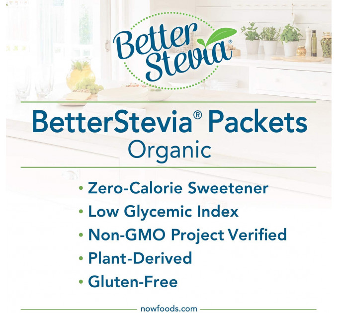 NOW Foods Better Stevia Organic, Zero-Calorie Sweetener, Non-GMO, Gluten-Free, Натуральний підсолоджувач 75 пакетів (по 1 г кожен)